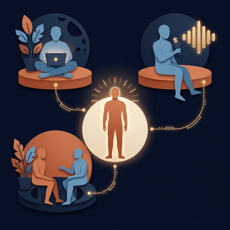 Four abstract figures connected by glowing lines: a creator with a laptop, a podcaster with a microphone, a mentoring pair, and a central connector figure linking all three.